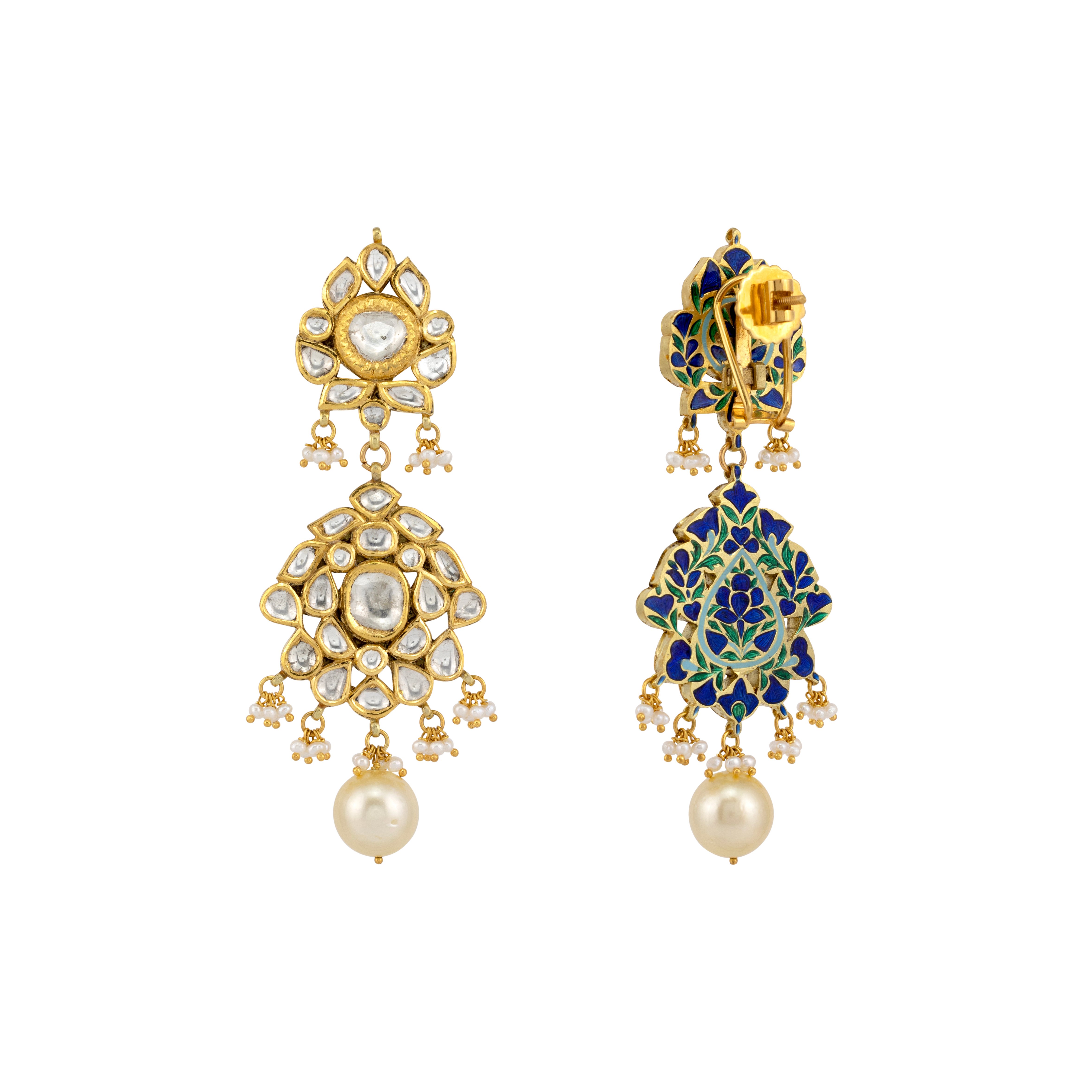 Floral Polki Earrings with Emerald Maniya and Pearl Beads